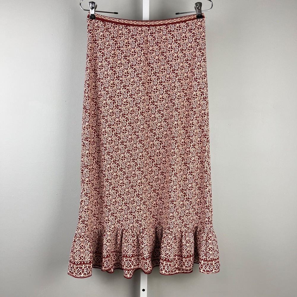 Max Studio Ruffle Hem Skirt Womens M Brick Red Orange Print Pull On Boho Y2K